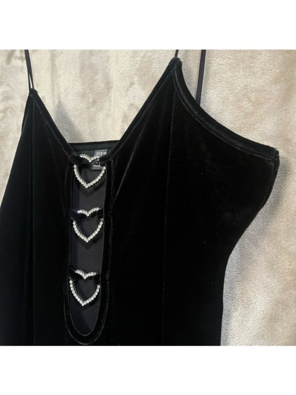 SHEIN Black Velvet Mini Sexy Rhinestone Heart Cutouts Spaghetti Straps Dress - Picture 13 of 16